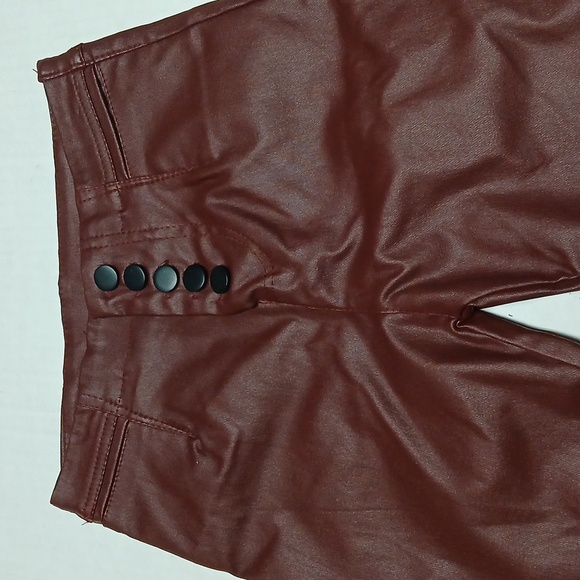 Faux Leather Button-Fly Jeans Pants w/ Pockets Brownish-Red Maroon Burgundy - Picture 3 of 12